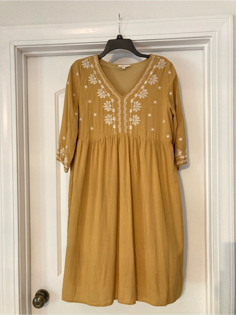 Bohme Boutique Mustard Dress with embroidered bodice and sleeves